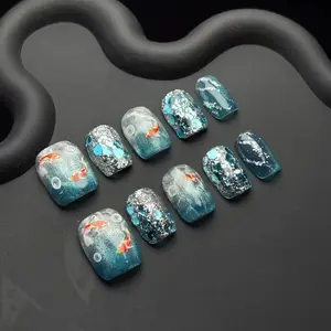 10pcs Cute Ice Blue Cat Eye Hand-Painted Koi Fish Press on Nails, Summer Japanese Style Decor, Removable Reusable Manicure for Ladies