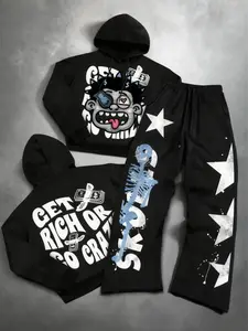 Tiktok Trendy Skull & Star Print Sportswear Set, Streetwear Tracksuit Set, Soft Comfortable Home Casual Wear, Modern Urban Street Style, Perfect for Relaxing at Home