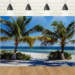1pc 2D Summer Beach Palm Tree Banner, HD Blue Sea Scene, Tropical Vacation Vibe, Perfect for Hawaiian Luau / Pool Party / Beach Wedding / Anniversary Backdrop Decor
