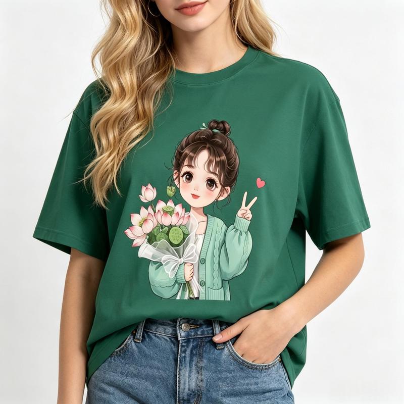 Women's Oversized Dark Green Lightweight Crew Neck Casual Short-Sleeve T-Shirt - Cute Cartoon Print Girl, Messy Bun, Lotus Flowers, Peace Sign - Kawaii Y2K Aesthetic Streetwear for Anniversary, Beach Outfits - Matching Top