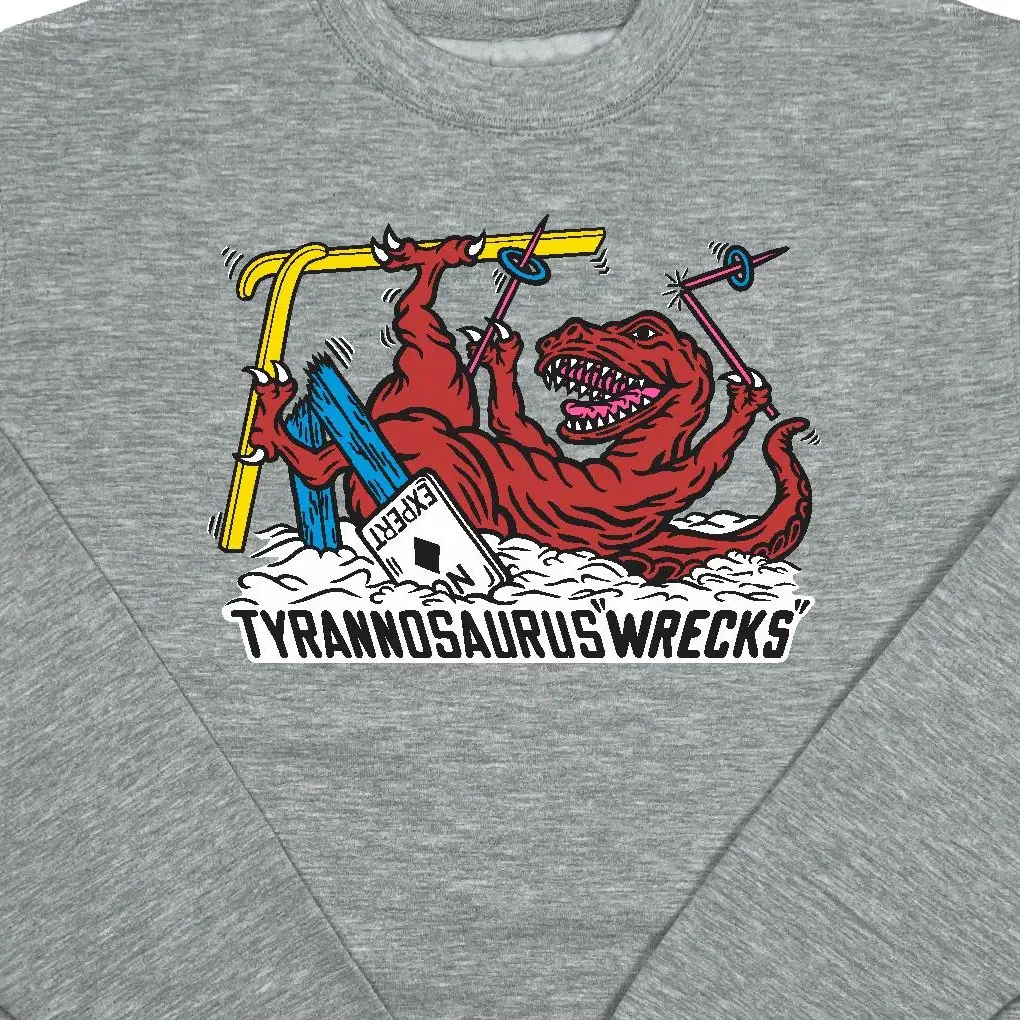Tyrannosaurus "Wrecks" Sweatshirt Crewneck Men's Vintage Skiing Design Available in Black, White, or Gray Menswear Retro