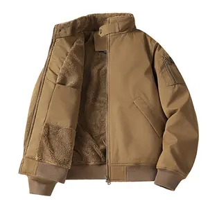Men's Tan Fleece-Lined Bomber Jacket - Sherpa fleece lining, full zipper closure, ribbed cuffs and hem, utility pockets, warm casual coat, perfect for cold weather and everyday wear