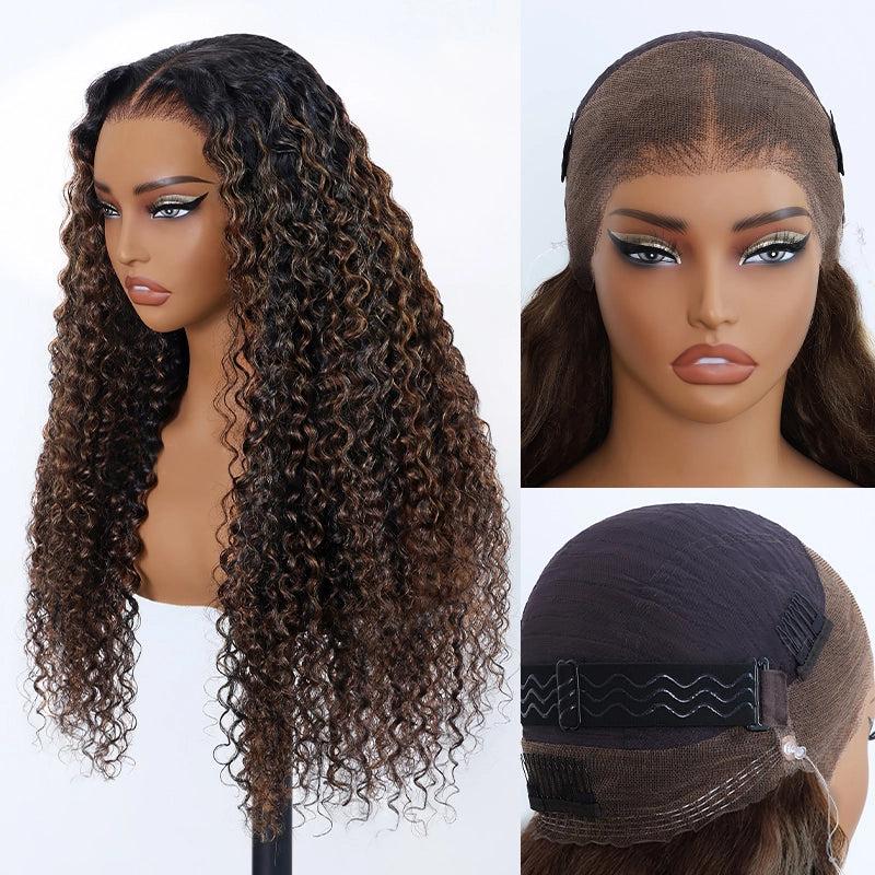 Female Human Hair 360 Lace No Glue Fluffy Wave Wig, Brown Balayage Highlights, 180% Density, Pre-Cut HD Skin Lace, Invisible Adjustable Strap Fit, Length 22 Inch, Daily Wear
