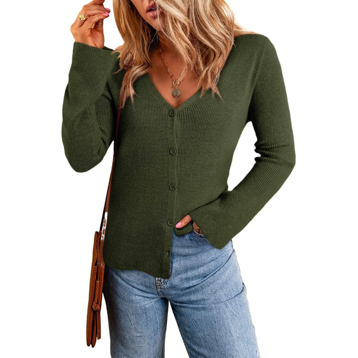 Women's Chic Moss Green Lightweight Ribbed Knit Button-Front V-Neck Cardigan, Elegant Style, Premium Fabric, Women's Knitwear for Daily Wear, Fit