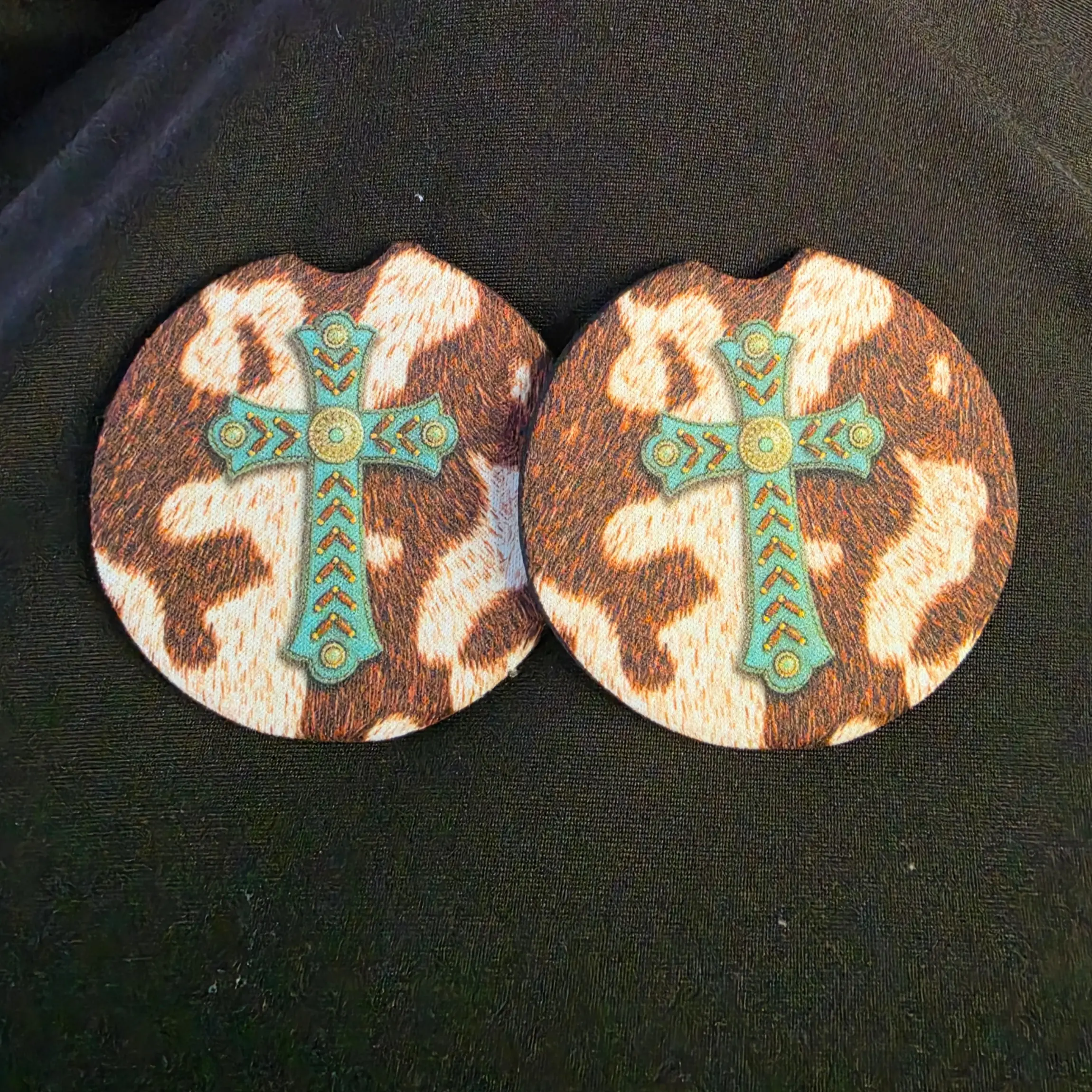 Turquois Cross Cow Print Car Coaster