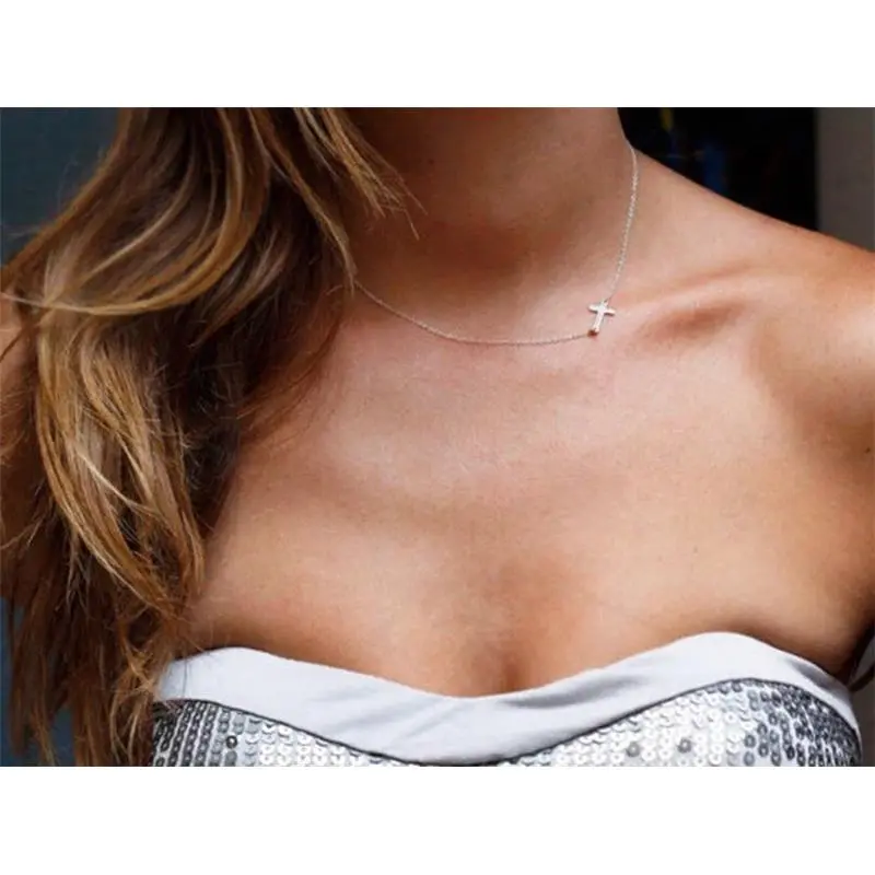 Women's Silver Plated Small Tiny Sideways Cross Choker Pendant Necklace N29