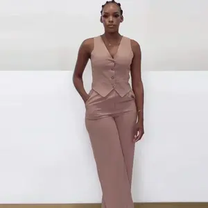 summer spring clothes Pant Set Women Two Piece Sets Sleeveless V Neck Y2k Streetwear Tops Long Pants Party Slim Fit Work Womenswear Check Suits Gamis Trouser Basic Fitted Minimalist Rose Red_Rose Red