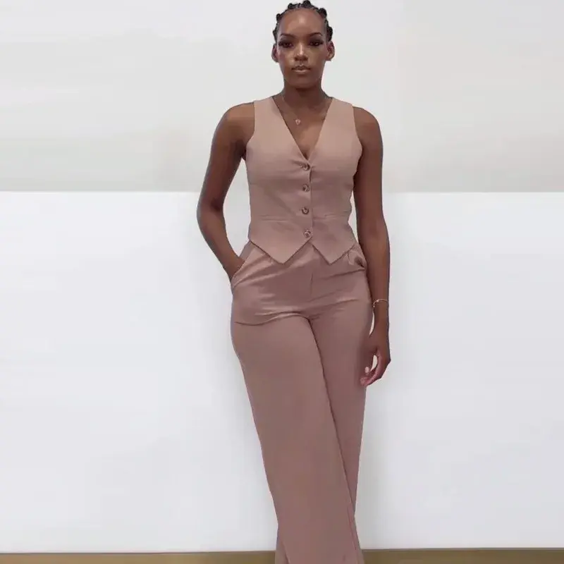 summer spring clothes Pant Set Women Two Piece Sets Sleeveless V Neck Y2k Streetwear Tops Long Pants Party Slim Fit Work Womenswear Check Suits Gamis Trouser Basic Fitted Minimalist Rose Red_Rose Red