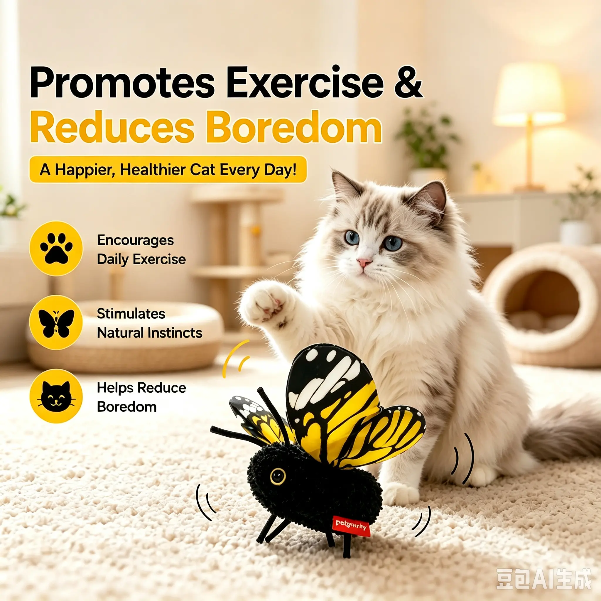 Interactive Electric Fluttering Butterfly Cat Toy - USB Rechargeable Automatic Moving Smart Cat Teaser, Interactive Kitten Wand for Indoor Kittens to Boost Exercise, Stimulate, Relieve Boredom