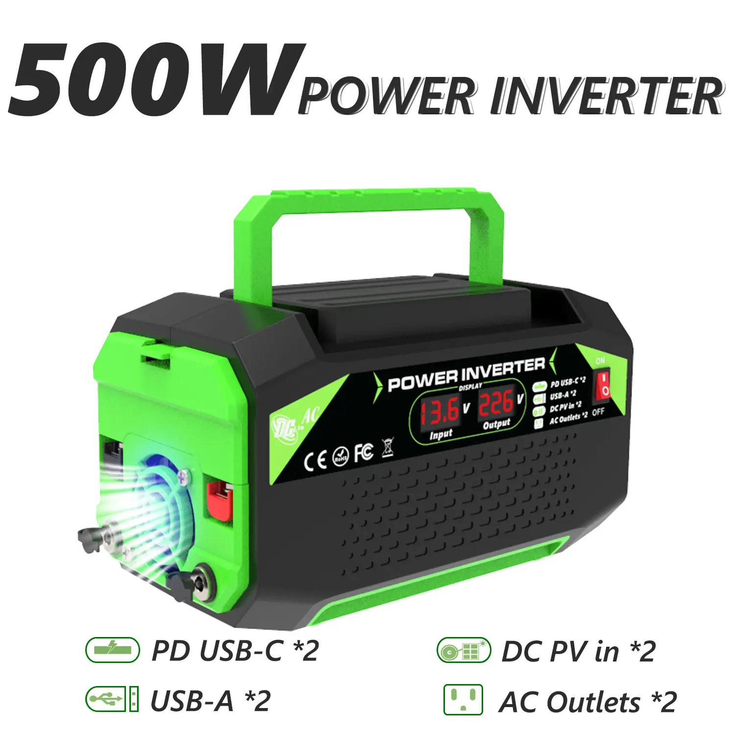 Portable Energy Efficient Power Inverter, 12V to 220V/110V, 300W with 500W Peak, USB-C Fast Charging, Silent Cooling Fan, for Car & Home Emergency Use, Energy Efficient Inverter, Portable Power Inverter