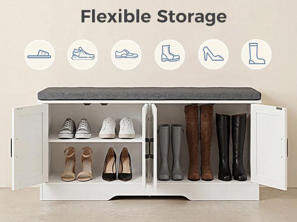 Storage Bench, Shoe Organizer Cabinet with Thickened Padded Seat Cushion, Entryway Bench with 2 Doors & Adjustable Shelf for Hallway, Bedroom, Living Room Storage Bench, Shoe Organizer Cabinet with Thickened Padded Seat Cushion, Entryway Bench with 2 Doors & Adjustable Shelf for Hallway, Bedroom, Living Room