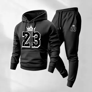 Men's Retro Basketball 23 King Patterned Hoodie And Drawstring Track Pants Set, Men's Casual Athletic Long-Sleeved Hooded Jacket And Pants, Suitable For Fall And Winter, Street Style Hoodie Set, Everyday Wear, Indoor And Outdoor Sportswear