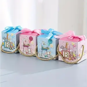 50pcs Cartoon-Themed Gift Boxes with Ribbons - Pastel Colors, Elephant & Teddy Bear Designs for Birthday, Wedding, and Shower Favors