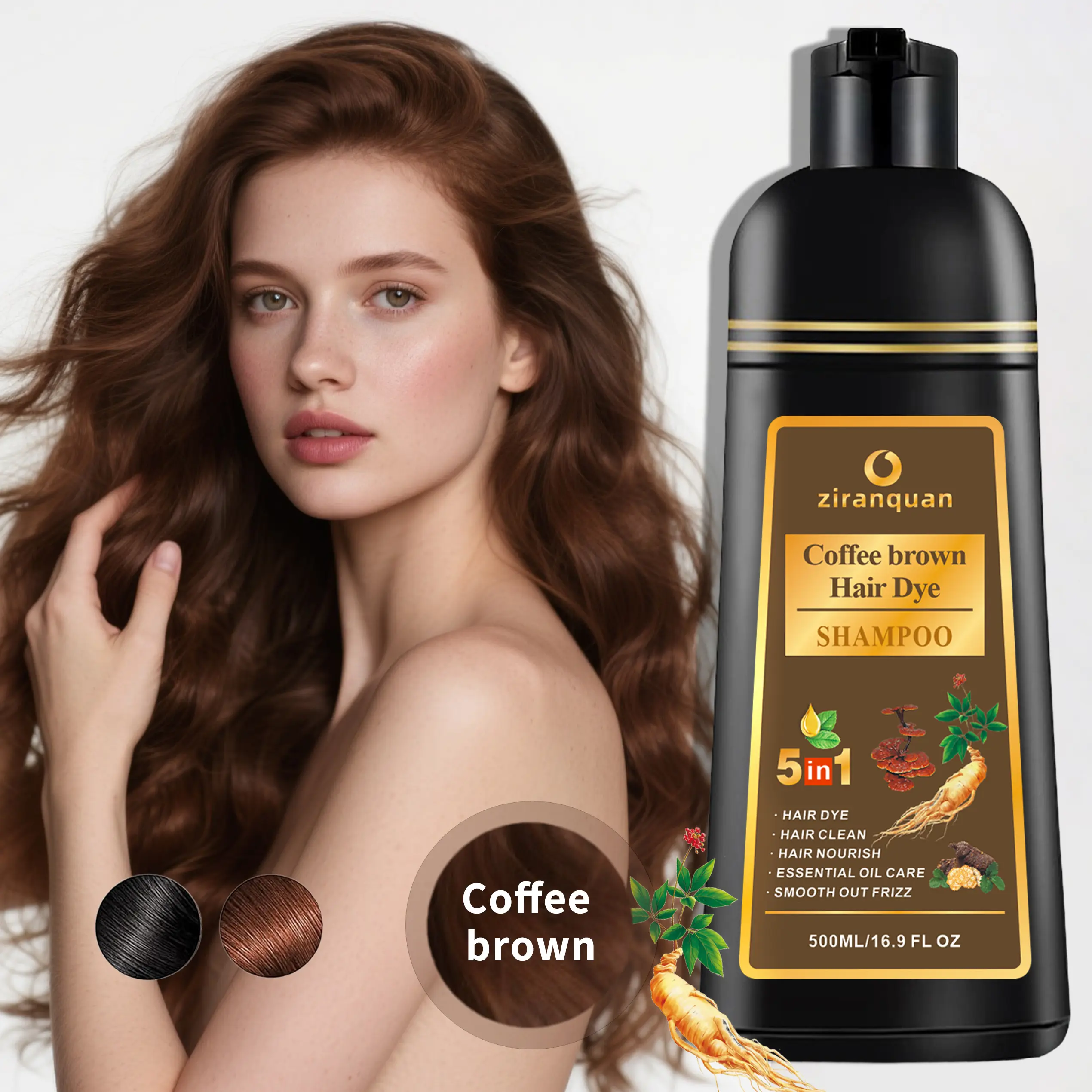Instant Coffee Brown Hair Dye | 5-in-1 Ginseng Shampoo | 30-Minute Application | 3-Month Long-Lasting | Ammonia-Free | Perfect for Resistant Gray Hair | Men & Women Haircare