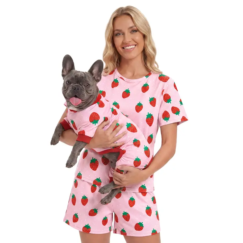 XPUDAC Women's 2-Piece Short Sleeve Tee & Shorts Matching Dog & Owner Pajama Sets - Soft, Comfortable Fabric, Cute Strawberry Pattern, Breathable Casual Wear, Separate Owner/Pet PJs Sale, Pet Lovers' Loungewear