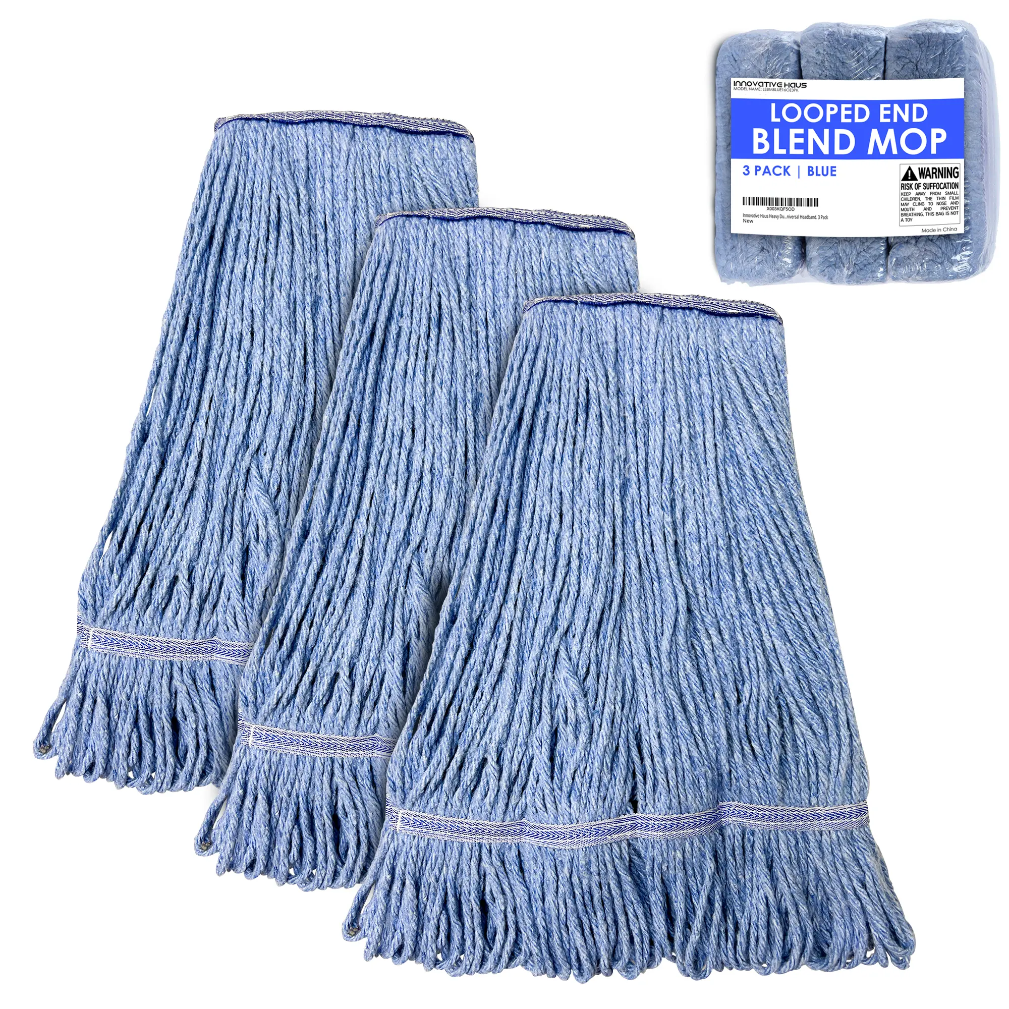 Innovative Haus Heavy Duty Blue Commercial Mop Head Replacement. Synthetic Cotton Blend Looped End String Mop Refill. Industrial Grade Cleaning Use Wet Mop Heads. Durable Universal Headband. 3 Pack