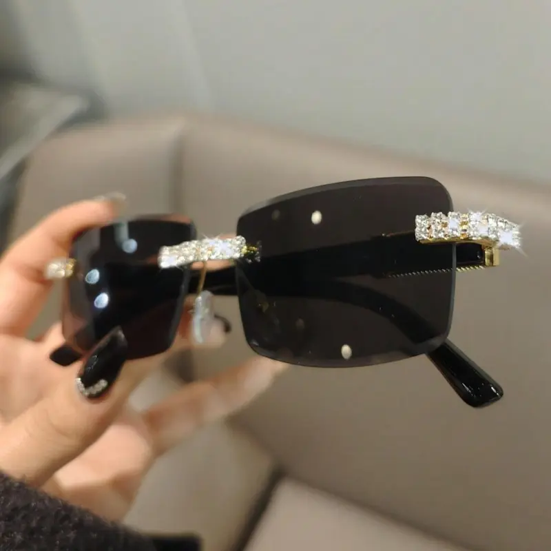 Rhinestone Decorated Rimless Sunglasses, Trendy Casual Rectangle Frame Sunglasses for Women, Fashion Accessories for Everyday Use and Outdoor Activities, High Quality Sunglasses, Rectangular Sunglasses, Fashionable Sunglasses