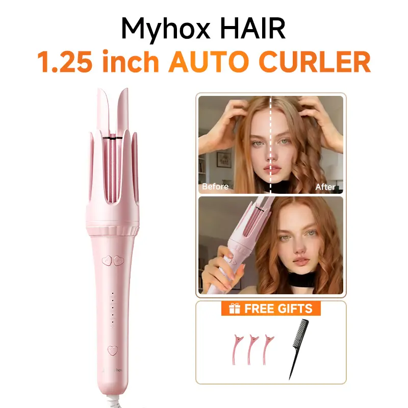 Myhox 1.25 inch Automatic Curling Iron, Auto-Rotating & Tangle-Free Curler Roller with 4 Heat Settings up to 390°F, Anti-Scald & Auto Shut-Off Safety Features, Hair Styling Tool for Salon Waves at Home, Pink, Hair Styling Tools, Automatic Hair Curler, Eas