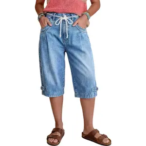 Flamingals Wash Drawstring Adjustable Pleated High Waist Straight Leg Capri Jeans Stretchy 16.5'' Inseam