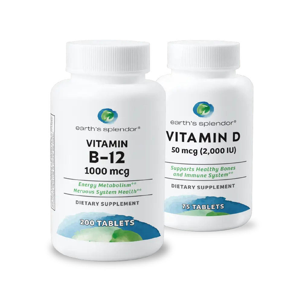 Health Dietary Supplement Bundle - Gluten-Free Vitamin B12 1,000 mcg Tablets, Vitamin D 2,000 IU Tablets - Supports Energy, Bone Health, Immune Function, Metabolism, Wellness Bundle