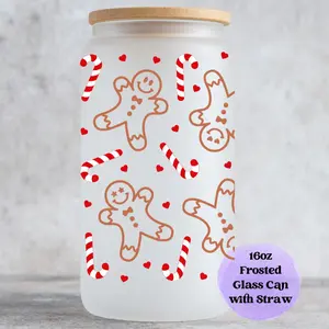 Gingerbread Glass Tumbler 16oz Frosted with Bamboo Lid and Plastic Straw - Candy Cane Holidays Portable Lightweight Cup Reusable Mug