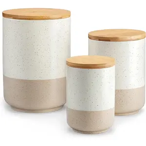 Sabine Ceramic Canister Set with Airtight Wood Lids - 3-Piece Kitchen Storage for Flour, Sugar, Coffee, Tea & Spices - Modern Countertop Decor