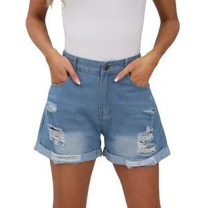 DUTUT Women's Blue Denim Shorts Mid-Rise Comfortable Torn Straight Jeans for Spring Casual Smart Wear with Distressed Details & Frayed Edges