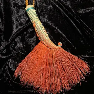 Rustic Woven Handle Broom Handcrafted for Ritual & Home with Orange Broomcorn & Turquoise Cordage