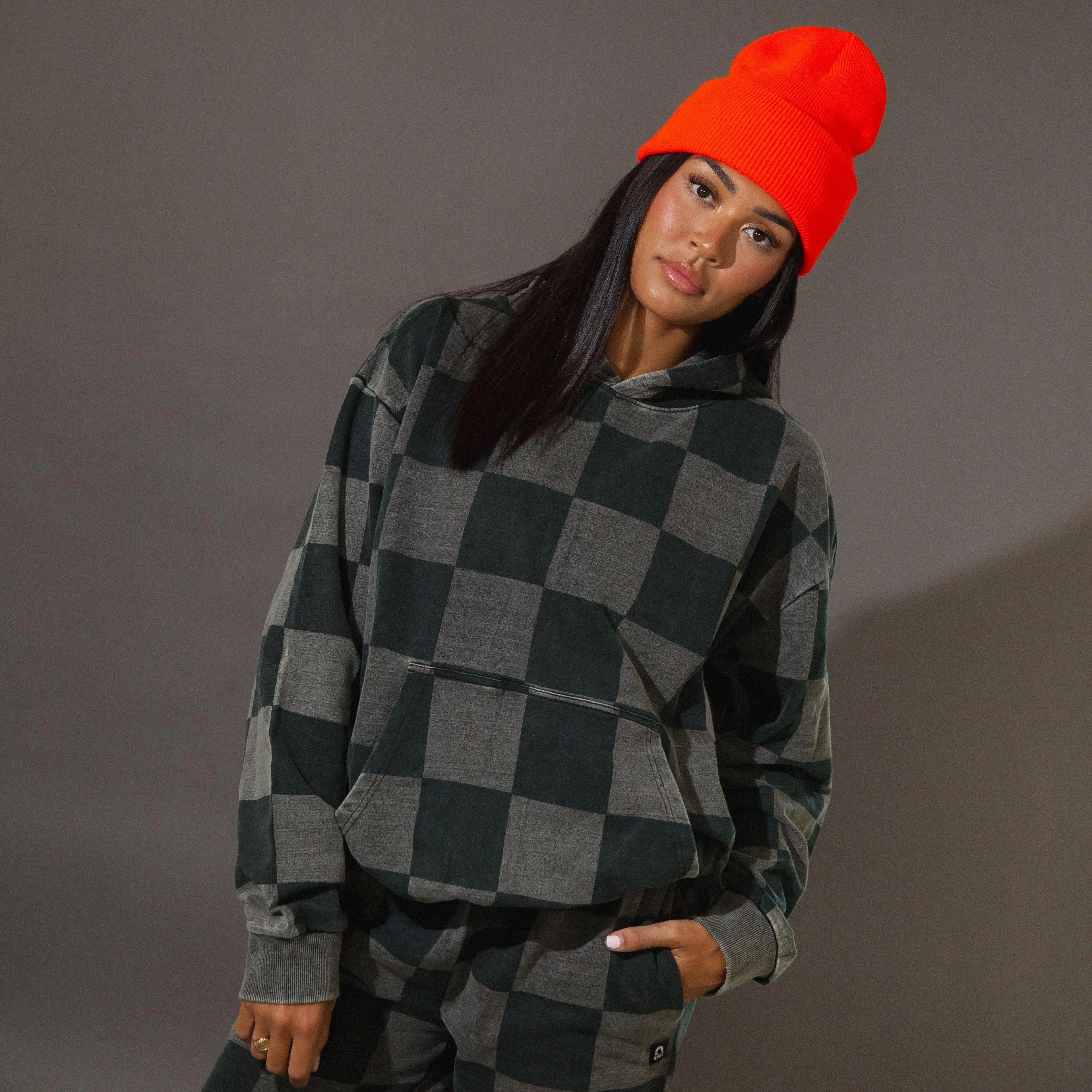 RAGS Women's Long Sleeve Pullover Casual Hoodie - Black Denim Check Tops RAGS Women's Long Sleeve Pullover Casual Hoodie - Black Denim Check Tops