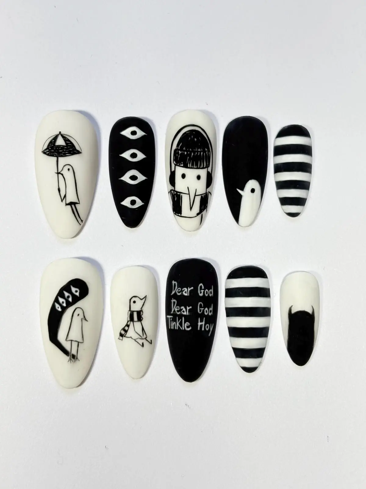 Oyasumi Punpun Press On Nails | Black White Matte Hand Painted Anime Manga Almond Nail Art with Gift Set (Adhesive Tabs, Nail File, Cuticle Stick)
