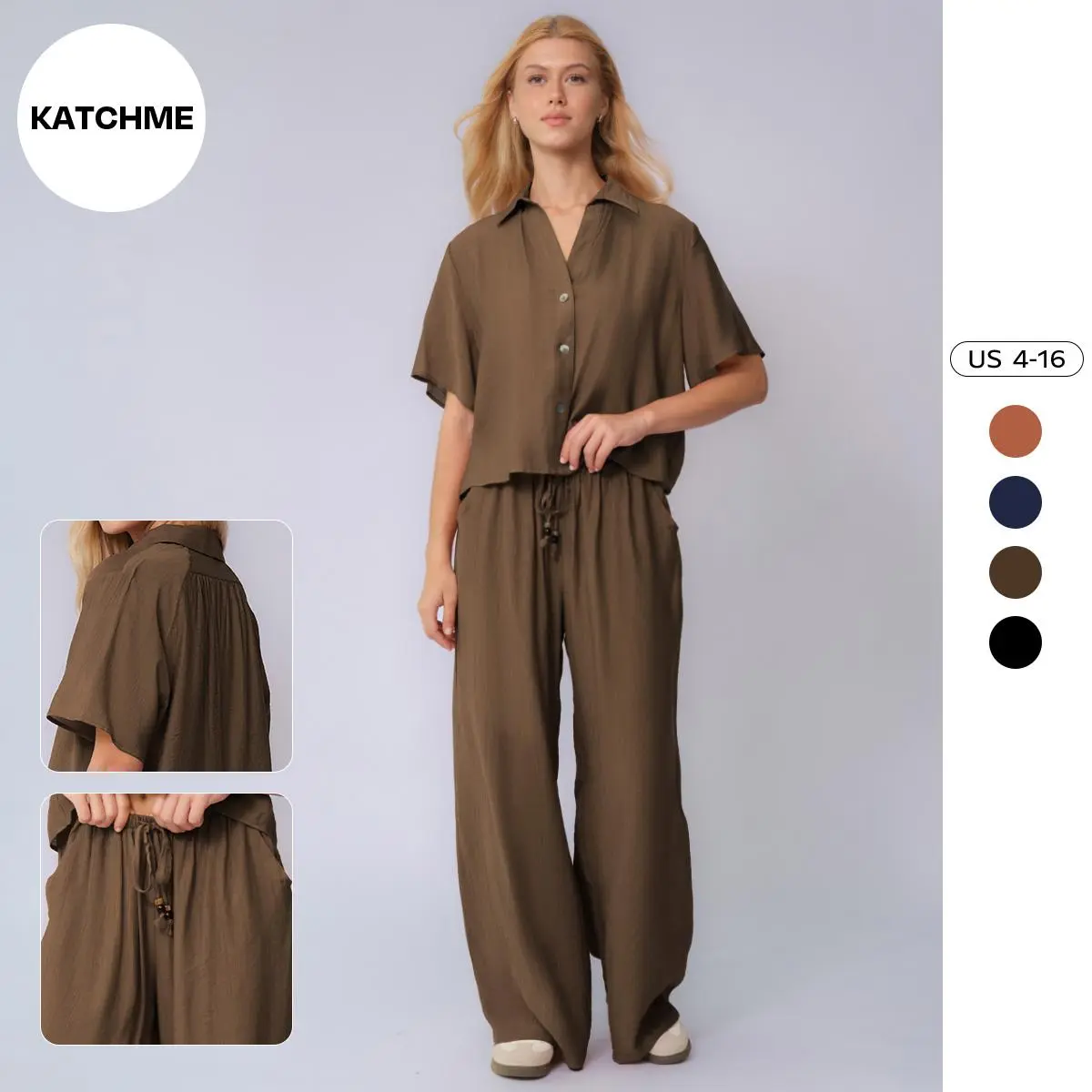 KatchMe Women's Classy Solid Color Collared Shell Button Loose Top & Drawstring Wide Leg Trousers Co-ord, Comfort Casual Set for Lady, Basic Two Piece Outfits