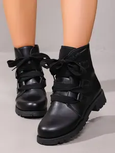 Sweet Cool Style Laced Chunky Ankle Boots for Women, British Fashion Thick Sole Round Toe Short Boots, Retro PU Upper Rubber Sole