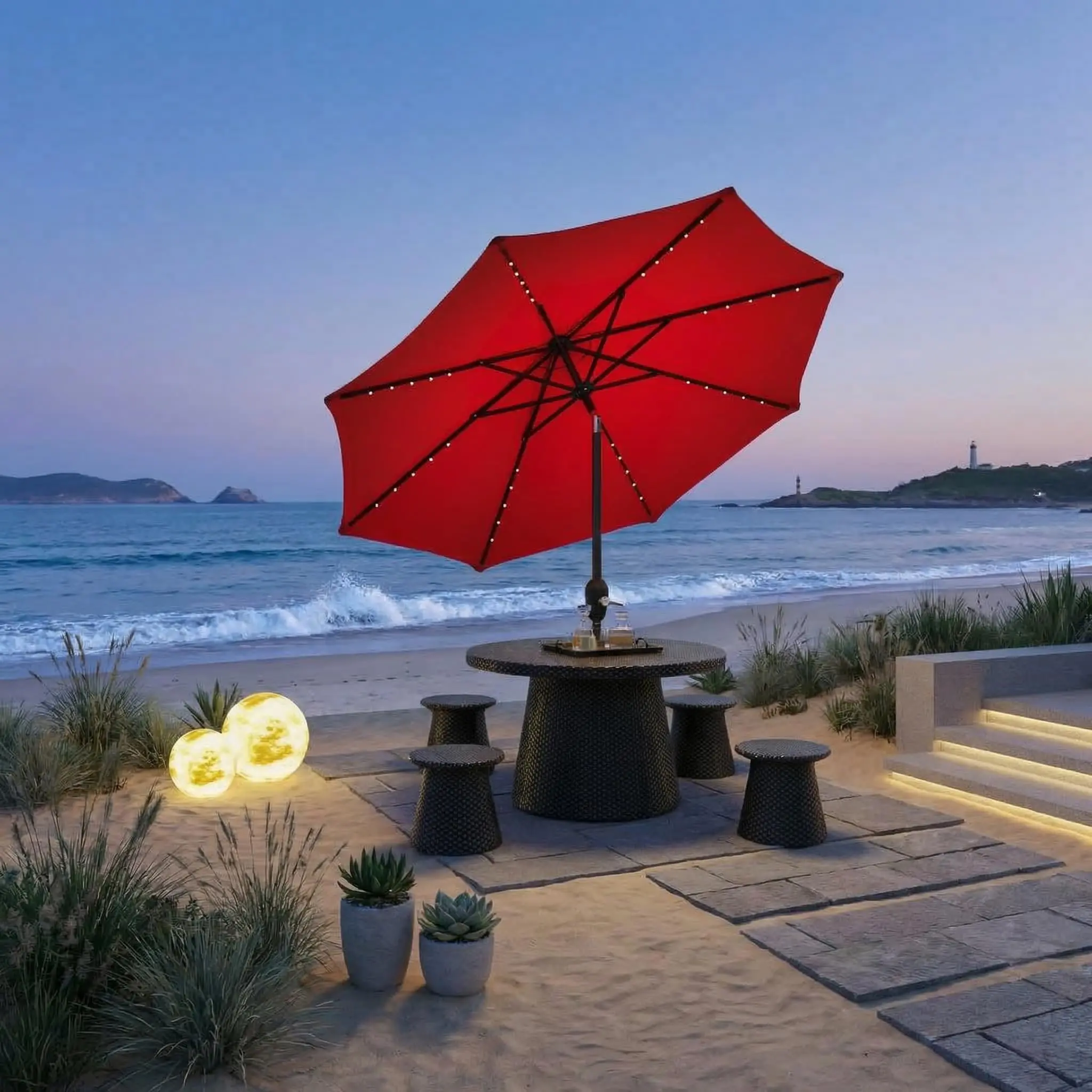 Garvee 10 ft Solar Led Outdoor Patio Umbrellas, Umbrella Table Market Umbrella with 40 Light Beads, 8 Ribs/Tilt Adjustment and UV-Resistant Fabric, for Garden, Deck, Backyard, Pool and Beach(Red)