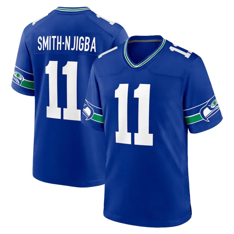 Men's Smith-Njigba Royal Throwback Player Game Jersey Full Logo New 2025 America Football Jersey for Fans Team Outfits Gift for Him Lightweight Soft Polyester Mesh Fabric