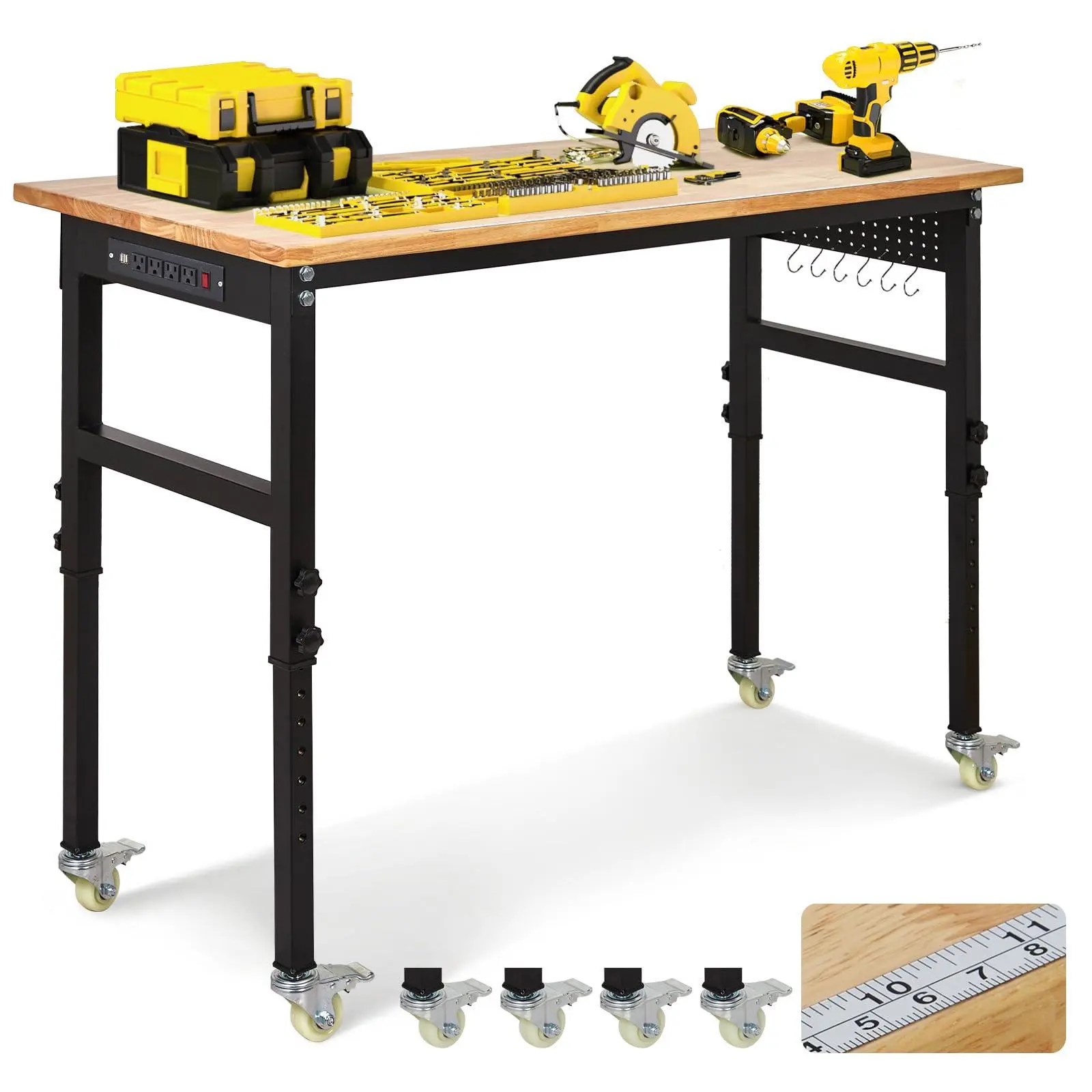 GARVEE 48" Adjustable Workbench with Power Outlet & Pegboard, 2000 LBS Heavy Duty Work Table, Mobile Garage Workbench with Wheels for Workshop or Home Office