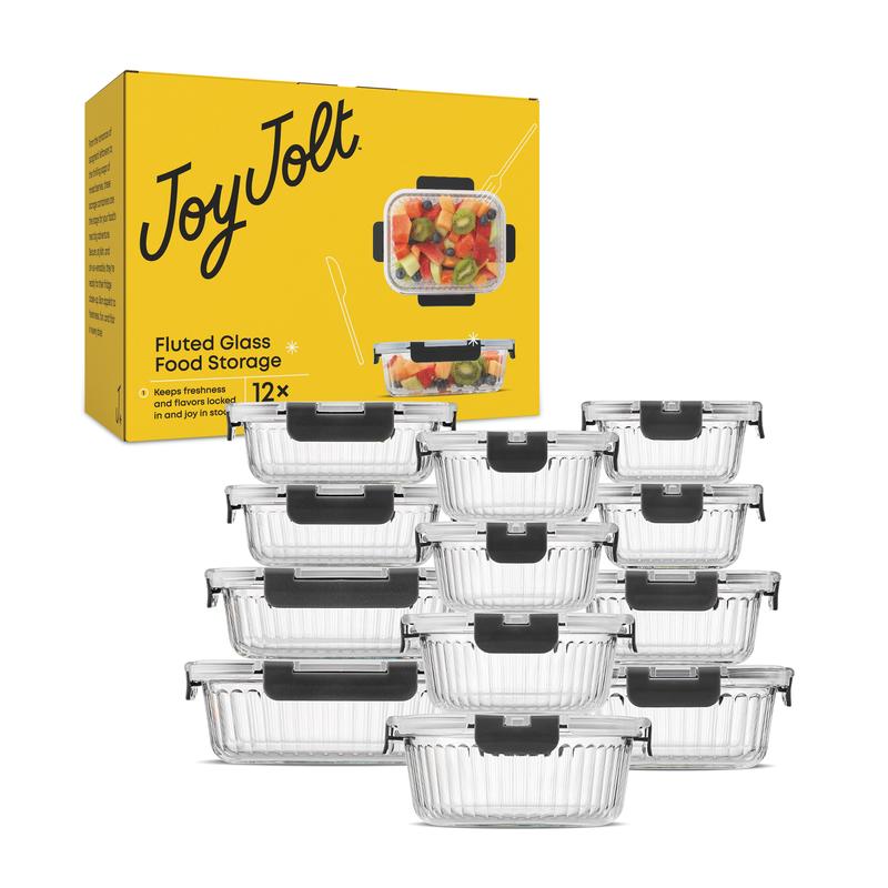 JoyJolt 24pc Fluted Glass Storage Containers (12 Airtight, Freezer Safe Food Storage Containers and 12 Lids), Pantry Kitchen Storage Containers, Glass Meal Prep Container for Lunch, Glass Storage Containers with Lids