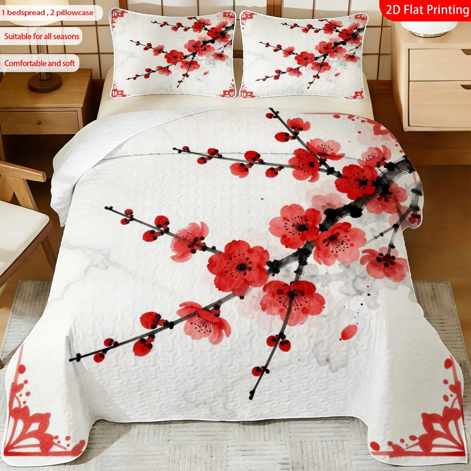 3 pcs, 2D flat print Chinese ink painting style bed cover set with red plum blossom theme, multiple sizes available, bedding set, festive decorative bedding, ideal for bedroom décor(1 bedspread , 2 pillowcase)