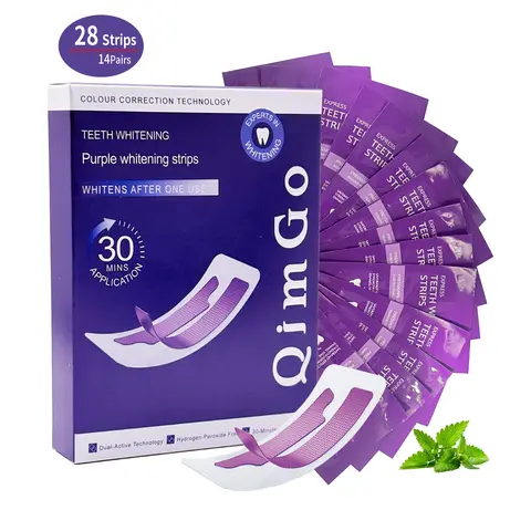 Purple Teeth Whitening Strips Kit - 28 Strips for 14 Days At-Home Dental Care, Non-Slip Enamel-Safe Non-Sensitive Stain Remover for Adults’ Coffee & Wine Stains, Includes Oral Cheek Retractor for Bright Pearly Smile