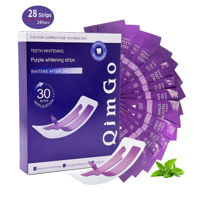 Purple Teeth Whitening Strips Kit - 28 Strips for 14 Days At-Home Dental Care, Non-Slip Enamel-Safe Non-Sensitive Stain Remover for Adults’ Coffee & Wine Stains, Includes Oral Cheek Retractor for Bright Pearly Smile