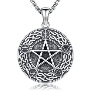 DRINSPER 925 Sterling Silver Pentagram Necklace Pentacle Pendant Wiccan Jewelry Pagan Magic Amulet Witchy Necklace for Men Women