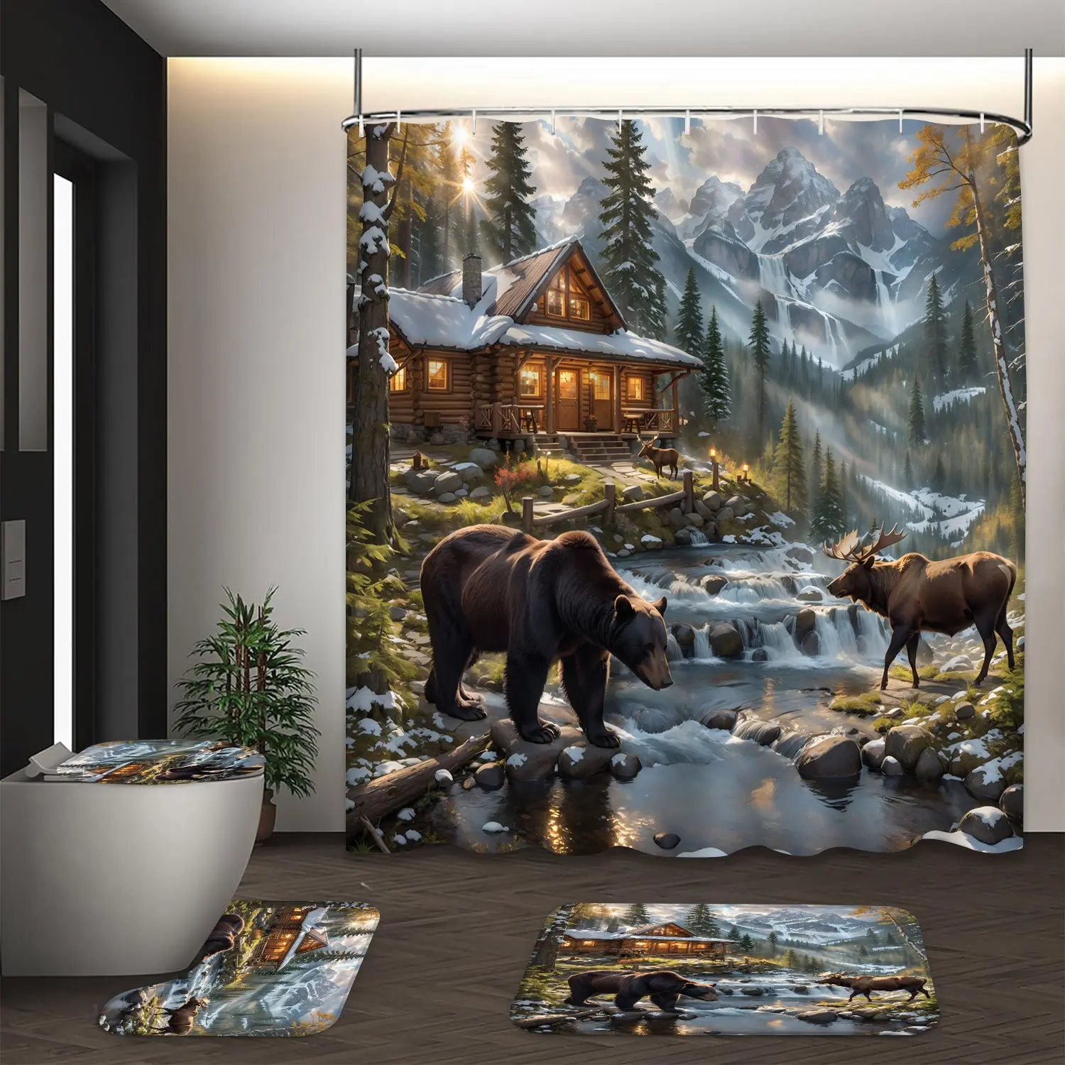 LVRLVR 4Pcs Mountain Cabin Forest Bear Moose Print Rustic Wilderness Multi-Color Shower Curtain Set 70.8×70.8 Inch Bathroom Shower Curtain Sets