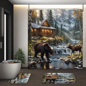 LVRLVR 4Pcs Mountain Cabin Forest Bear Moose Print Rustic Wilderness Multi-Color Shower Curtain Set 70.8×70.8 Inch