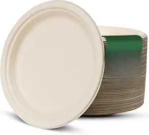 9 Inch Compostable Paper Plates (100 Pack) - Eco-Friendly Disposable Dinnerware for Parties, Microwavable & Water/Oil Resistant - 100% Biodegradable Heavy Duty Brown Plates for Events, Picnics