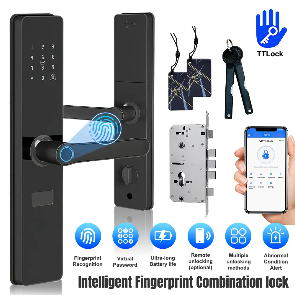 6‑in‑1 Smart Fingerprint Door Lock, TTlock App Remote Unlock & Keyless Entry Door Lock with IC Card, Virtual Password, Mechanical Key, 3‑Level Brass Cylinder Options for Home Apartment Hotel Office
