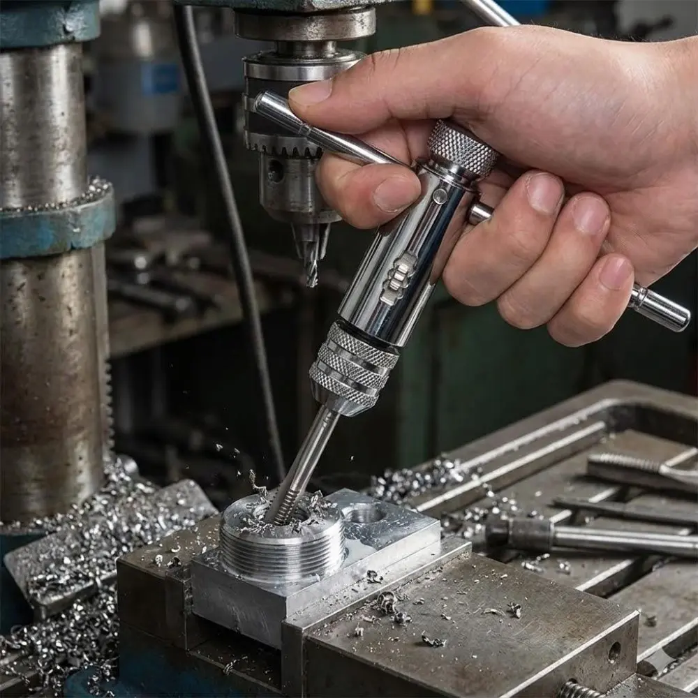 Professional T-Handle Ratchet Tap Wrench Set 6-Piece, Metric M3 to M8, Precision Thread Cutting Tool for Metalworking & Auto Repair, Industrial-Grade Machining Kit with Non-Slip Grip, Durable DIY Hand Tools.