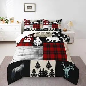 Camping Adventure Comforter Set,Deer Animal Paws Red Plaid Patchwork Quilt Set,Rustic Farmhouse Bedding Set for Kids Boys Girls Xmas Duvet Insert