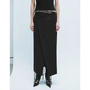 URBAN REVIVO 2026 Spring Women's Casual Medium Thickness Minimalist Asymmetrical Wrap Mid-Length Straight Cut Skirt (85-93cm) - Women's Bottom with Contrast Waist Detail, Fabric Accents, Basic Style, UWJ540026