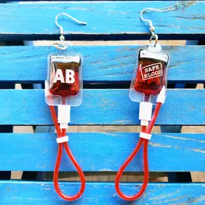 #39 IV Bag Blood Type Earrings – Funny Nurse & Doctor Gift, Medical Dangle Earrings with Tubing, AB Blood Safe Bag Jewelry