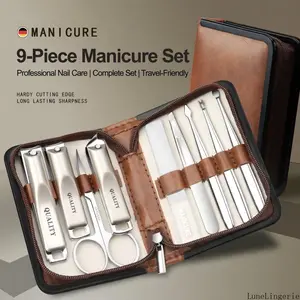 Lune 9-10 Piece Stainless Steel Manicure Pedicure Kit - Professional Clipper Set with Leather Travel Case, Complete Care Tools, Nail Supplies for Home, Travel