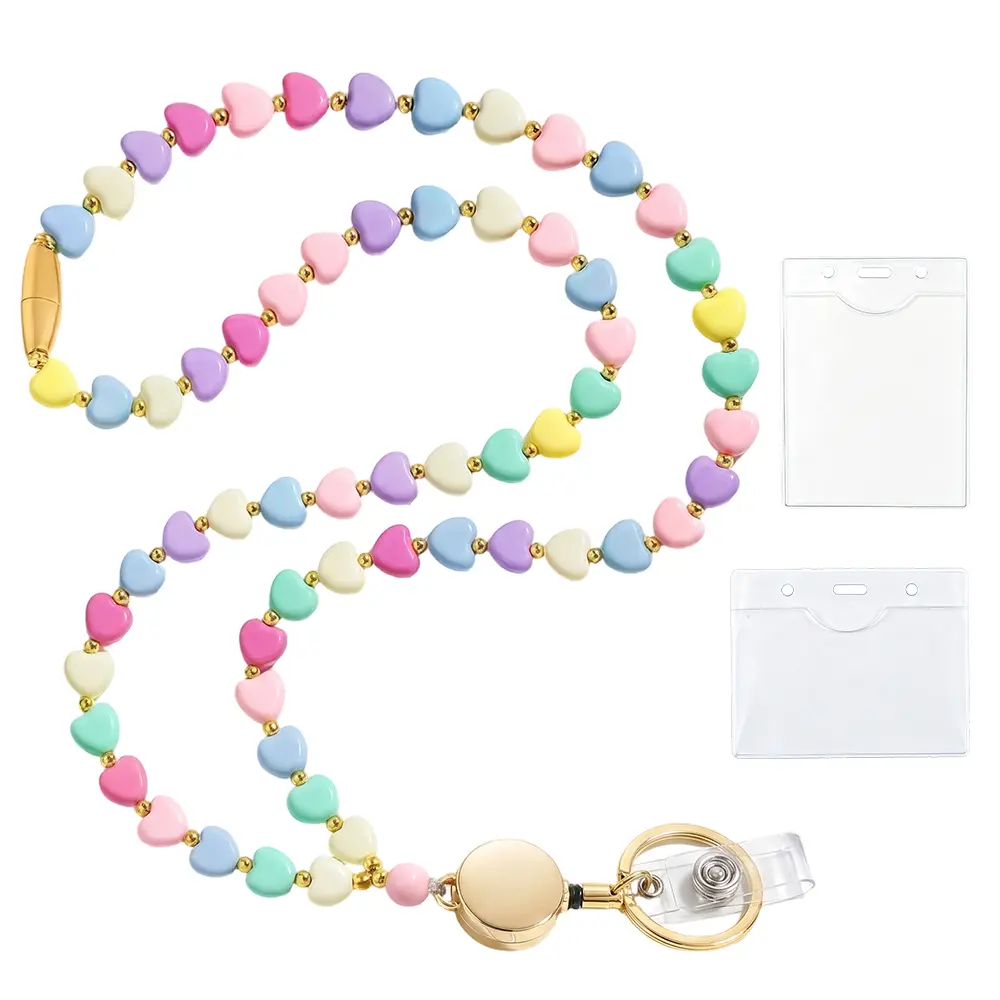 Women's Beaded ID Badge & Key Lanyard for Teachers, 2 Badge Holder Protectors - Adjustable Breakaway Safety Strap, Cute Silicone Bead Necklace, Comfortable Durable Fashion Accessory, Silicone Bead Keychain, Beaded Strap Glasses Chain & Lanyards